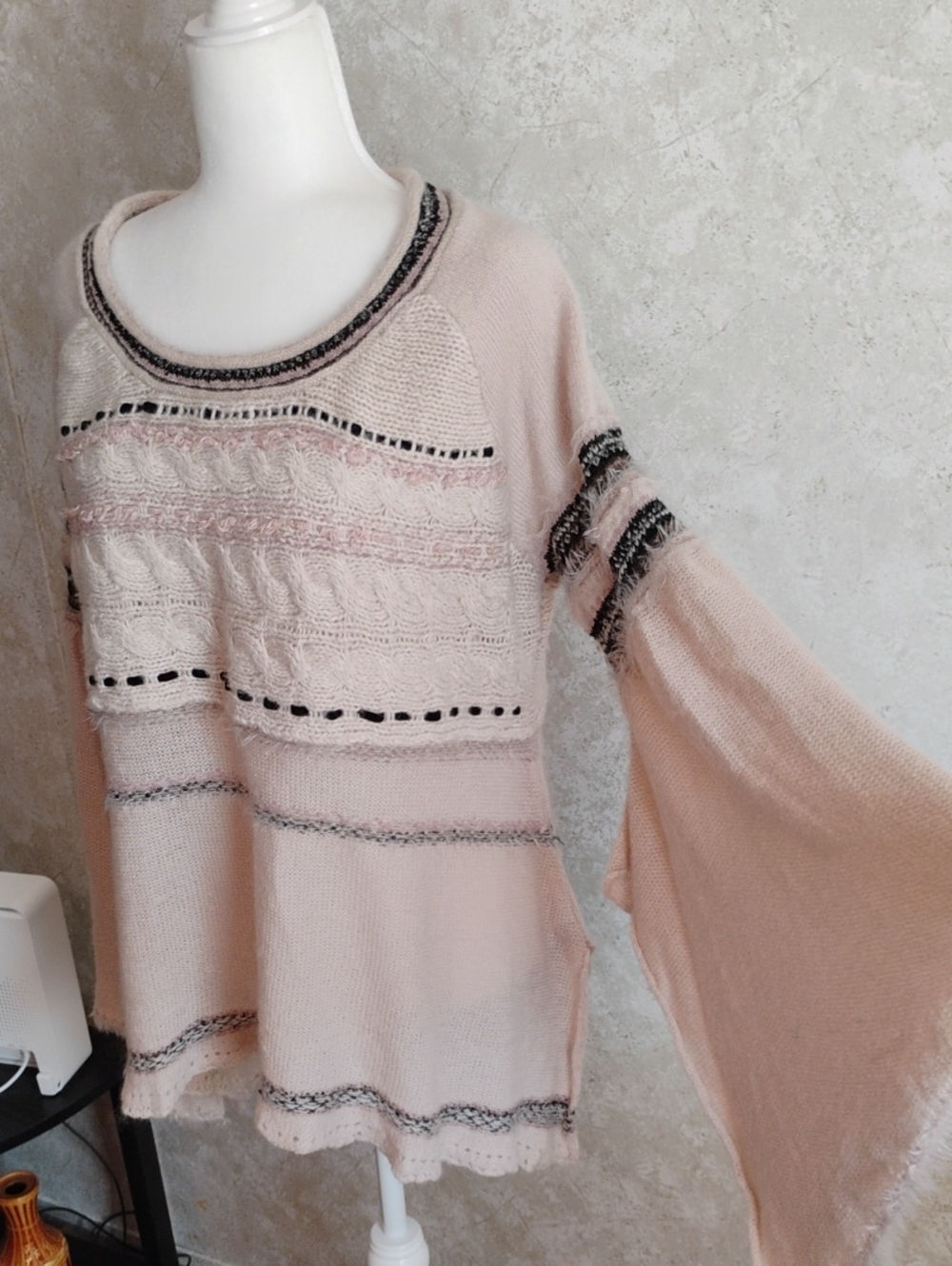 Free People Knit Bell-Sleeve Sweater, Boho, Bohemian, Oversized Large